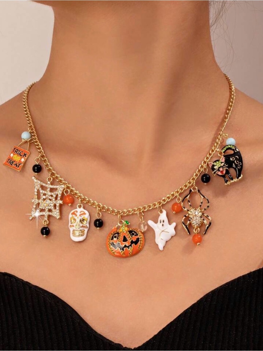 Gold Halloween Charm Necklace with Orange and Black Accents